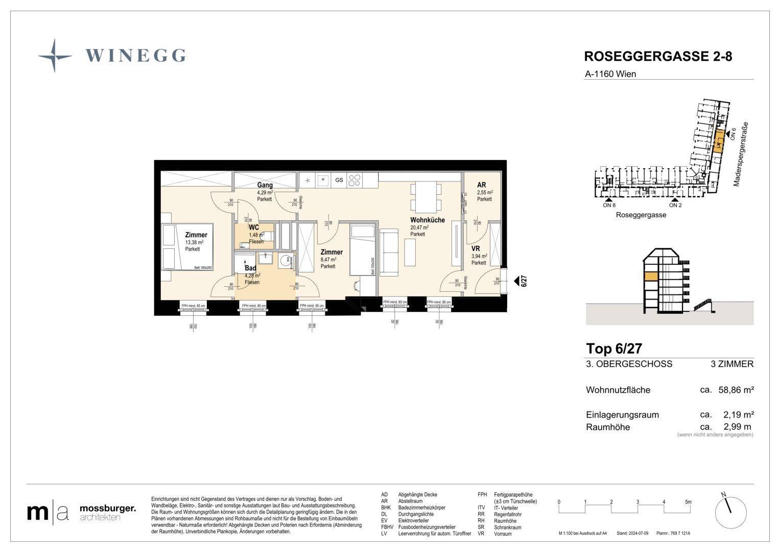 Grundriss einer 3-Zimmer-Wohnung im dritten Obergeschoss mit offener Wohnküche, Bad und separatem WC.