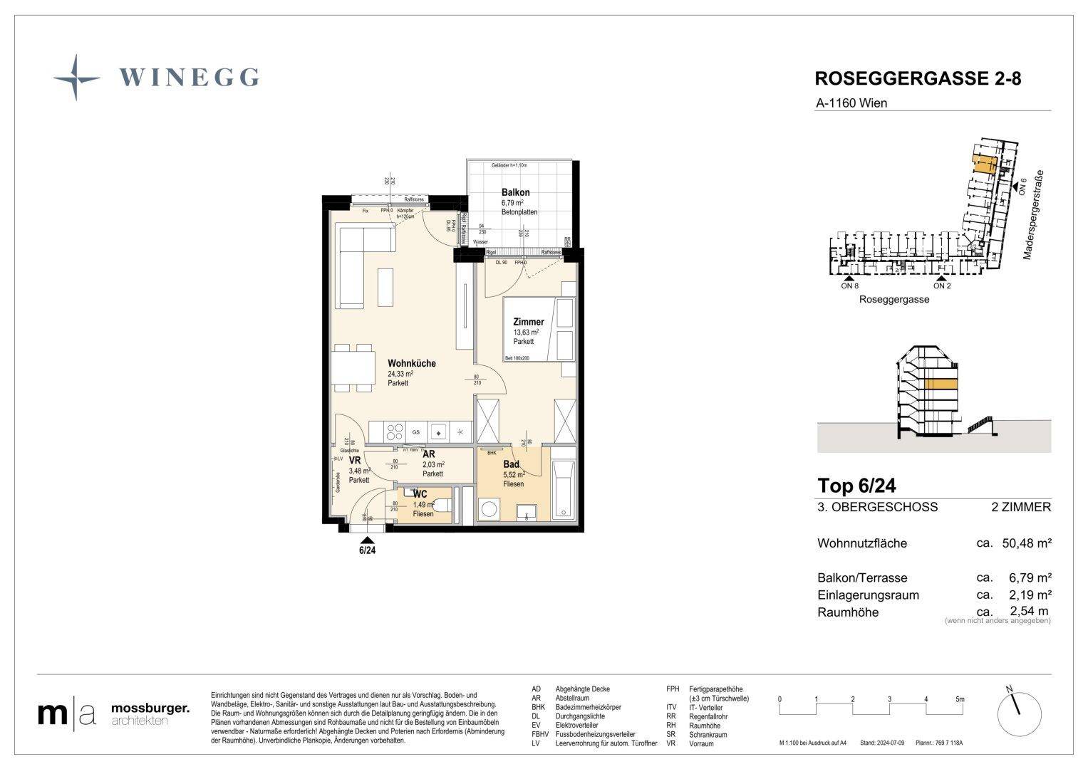 Grundriss einer Obergeschosswohnung mit offener Wohnküche, Schlafzimmer, Bad, separatem WC und Balkon.
