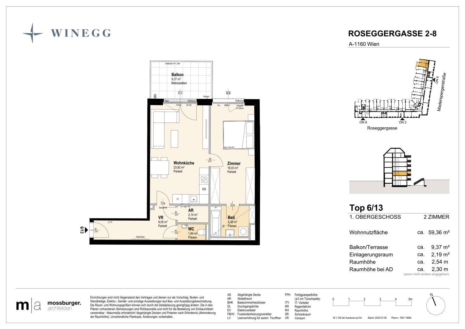 Grundriss einer Wohnung mit Wohnküche, einem Schlafzimmer, Bad, separatem WC und Balkon.