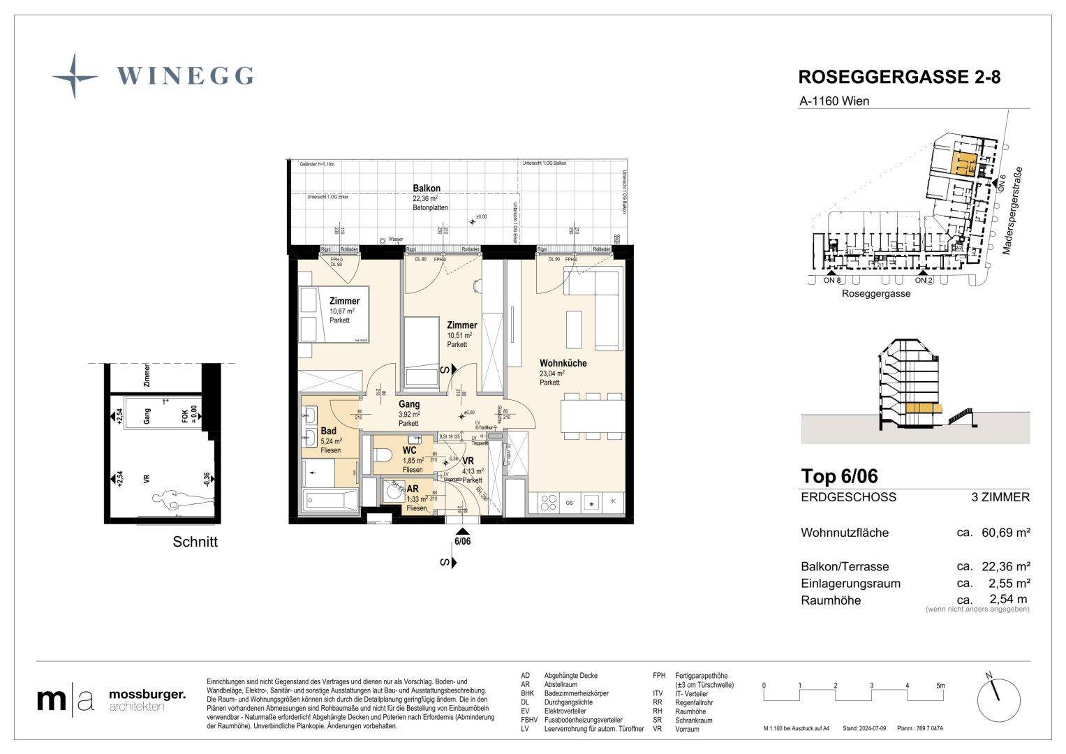 Detaillierter Grundriss einer 3-Zimmer-Wohnung mit offener Wohnküche, Balkon und separatem WC.