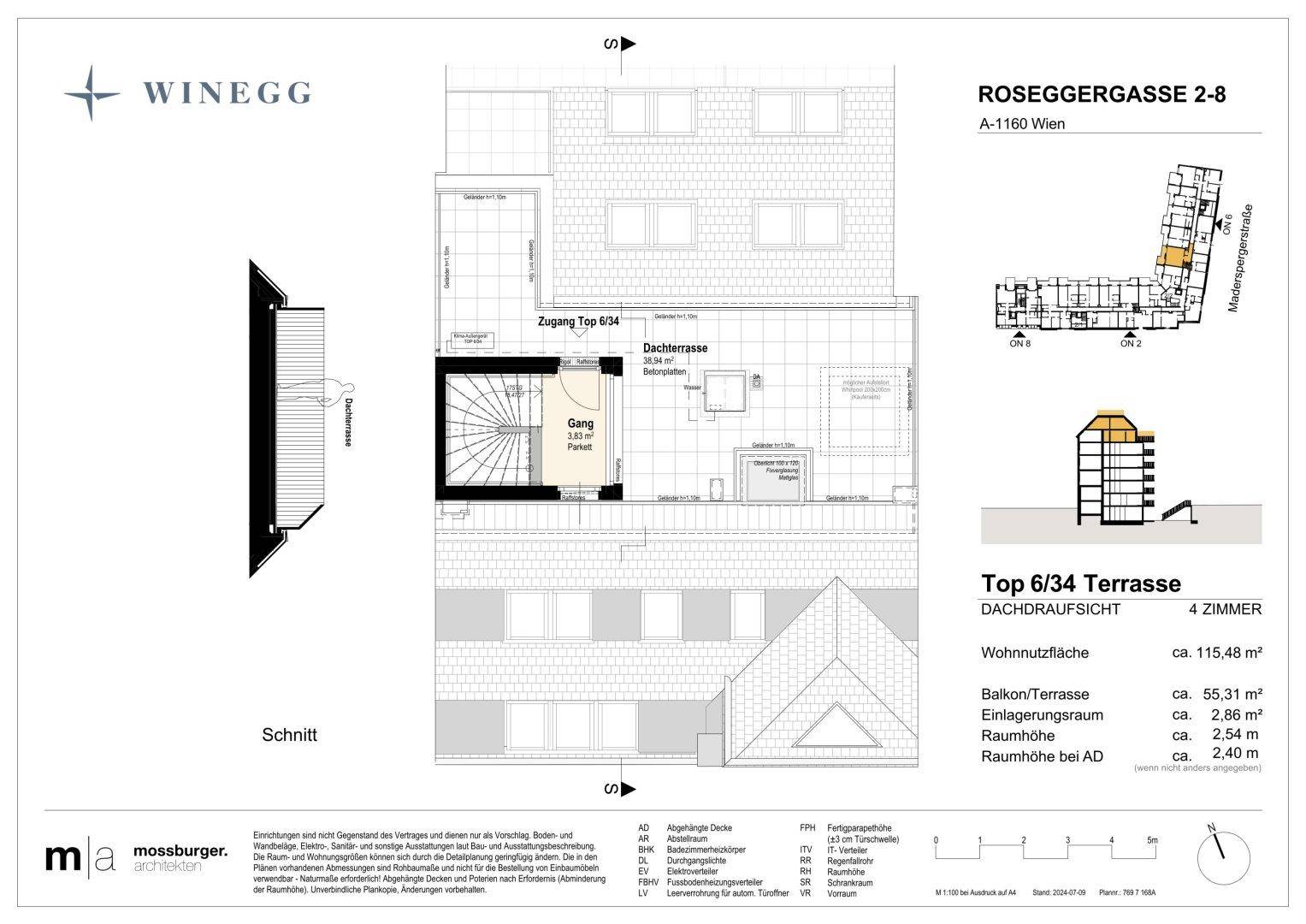 Dachaufsicht des Gebäudes mit Zugang zur Dachterrasse und weiteren Dachflächen.
