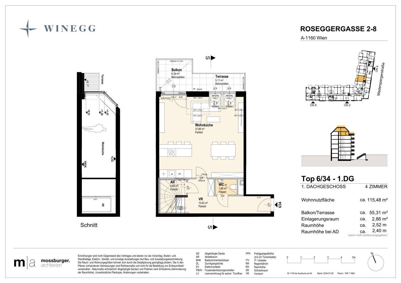 Grundriss des ersten Dachgeschosses mit Wohnküche, Balkon und Terrasse.