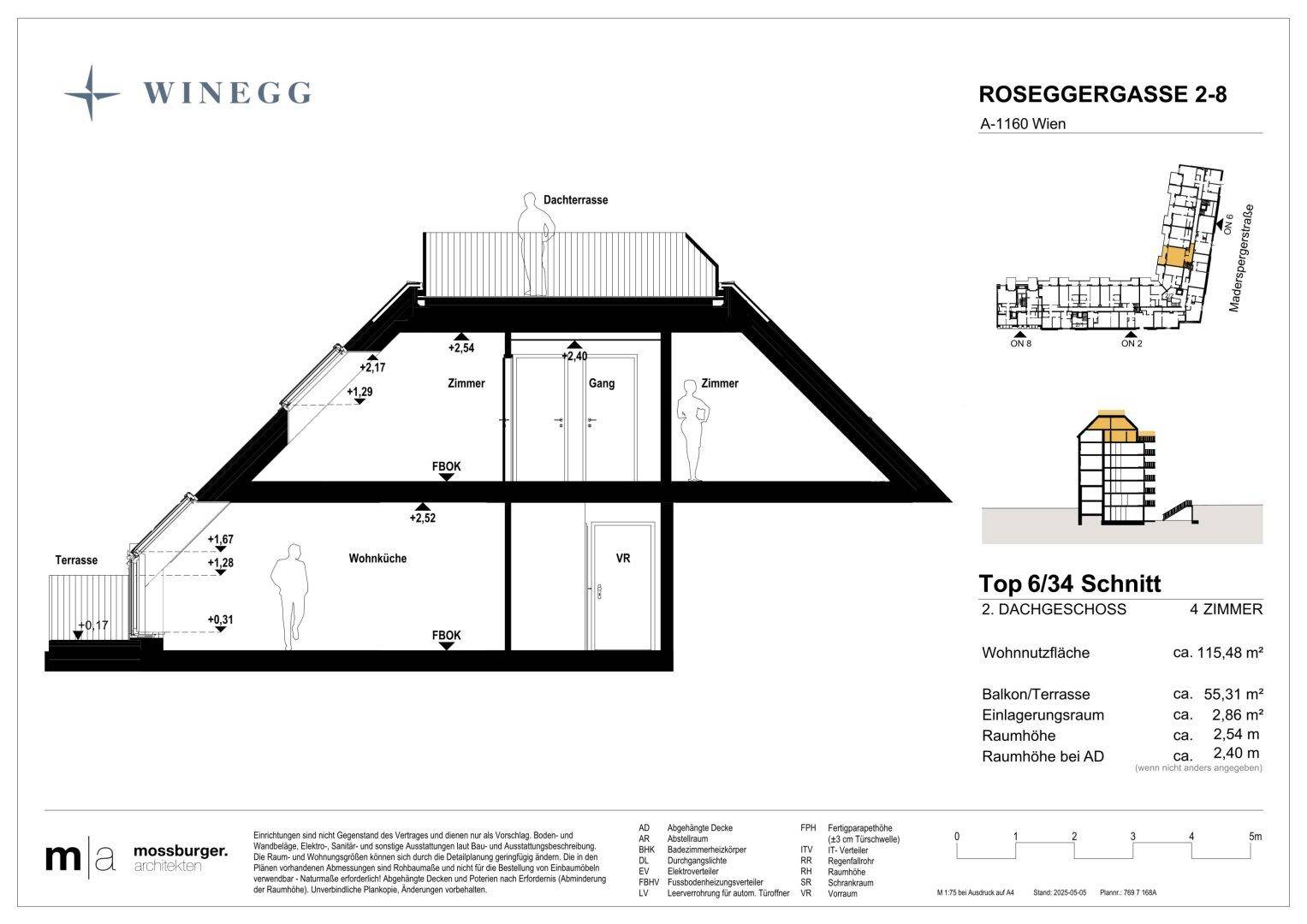 Schnittansicht des Dachgeschosses mit Wohnküche, Zimmern und Dachterrasse.