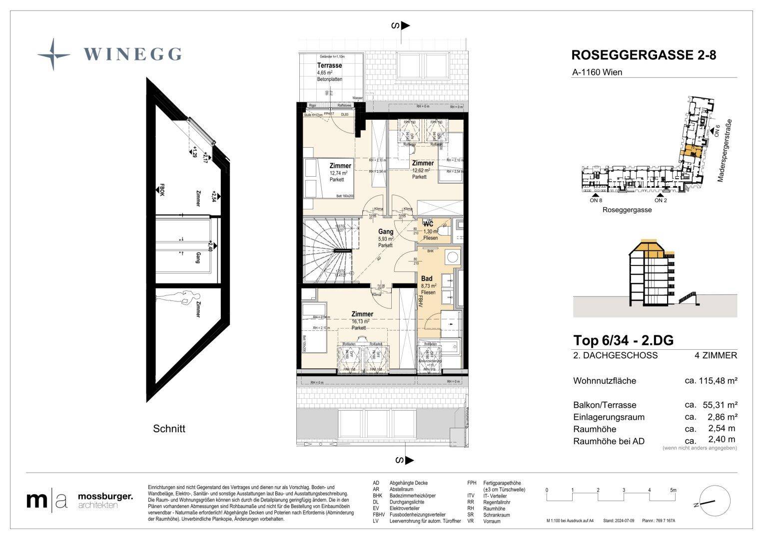 Grundriss des zweiten Dachgeschosses mit drei Zimmern und Badezimmer.