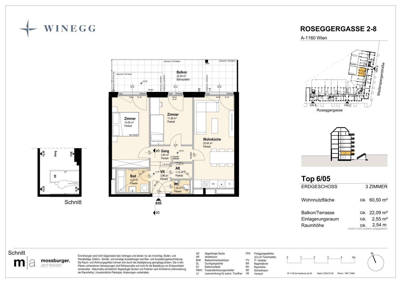 Grundriss für eine 3-Zimmer-Wohnung im Erdgeschoss mit Balkon/Terrasse und 60,50 m² Wohnfläche.