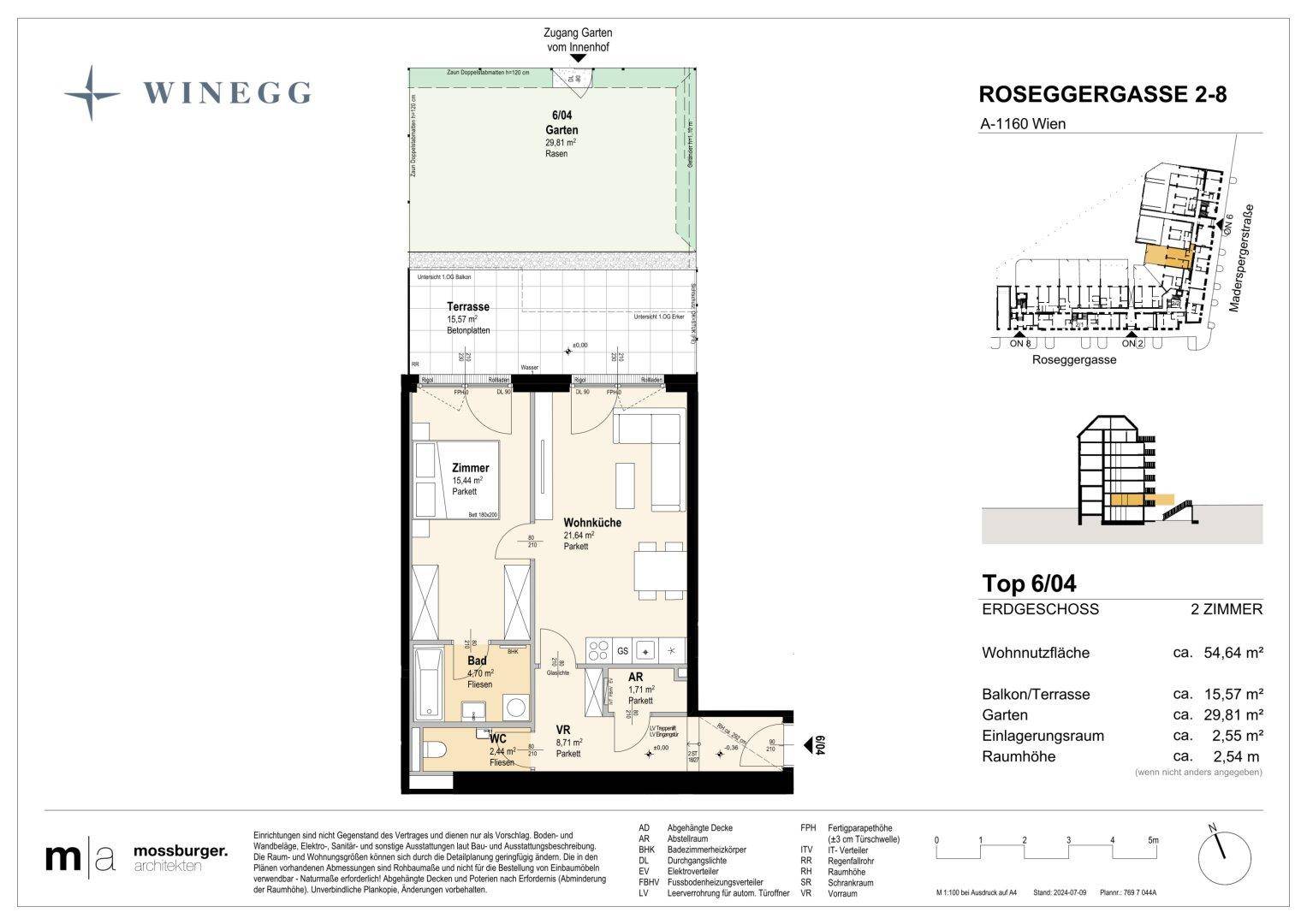 Grundriss einer 2-Zimmer-Wohnung mit Terrasse und eigenem Gartenbereich.