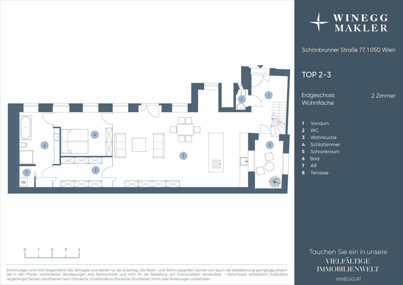 Grundriss für eine Erdgeschosswohnung mit zwei Zimmern, Wohnküche und Terrasse.