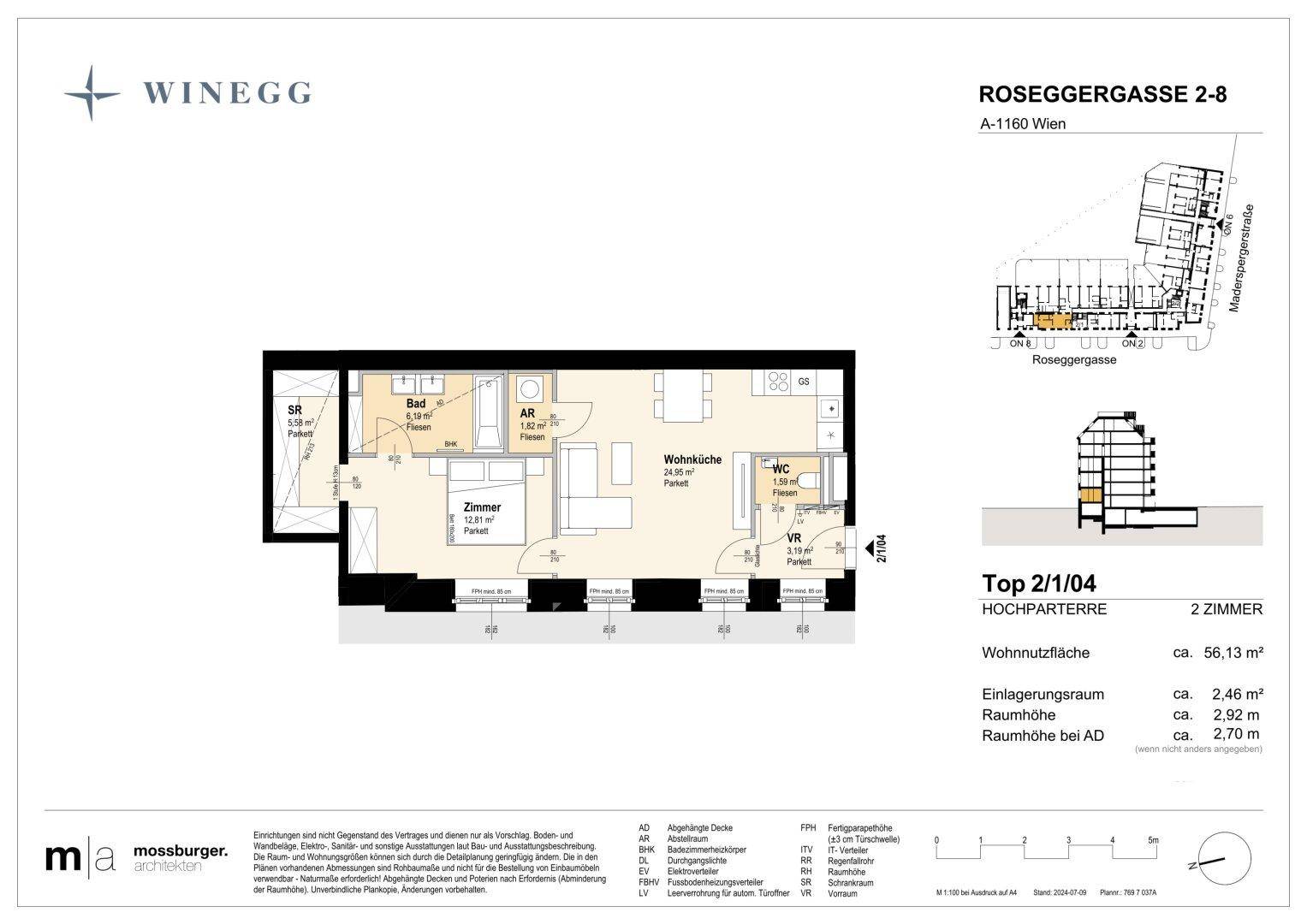 Grundriss einer 2-Zimmer-Wohnung mit offener Wohnküche, Schlafzimmer, Bad und separatem WC.