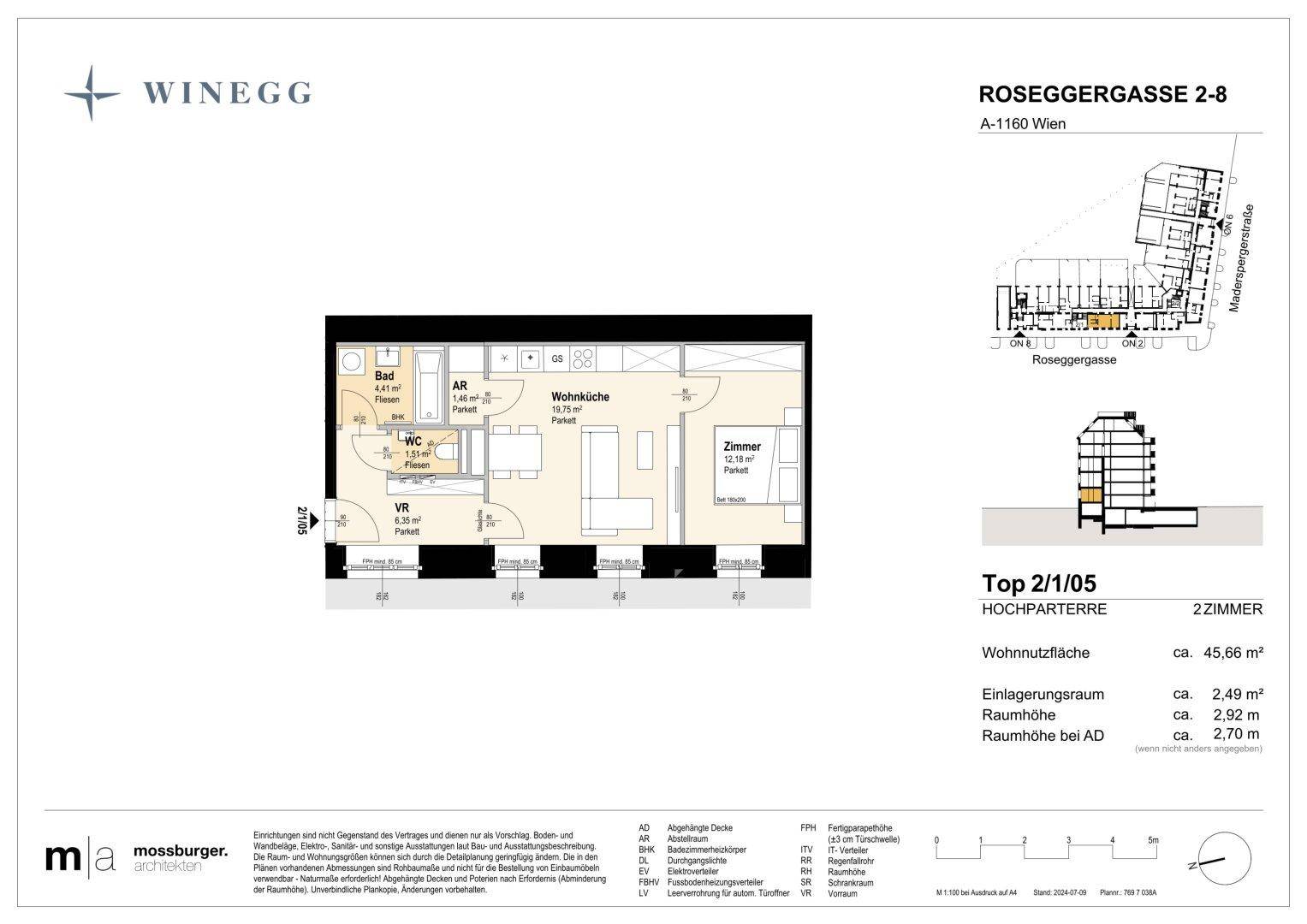 Grundriss einer 2-Zimmer-Wohnung mit offener Wohnküche, Schlafzimmer, Bad und separatem WC.