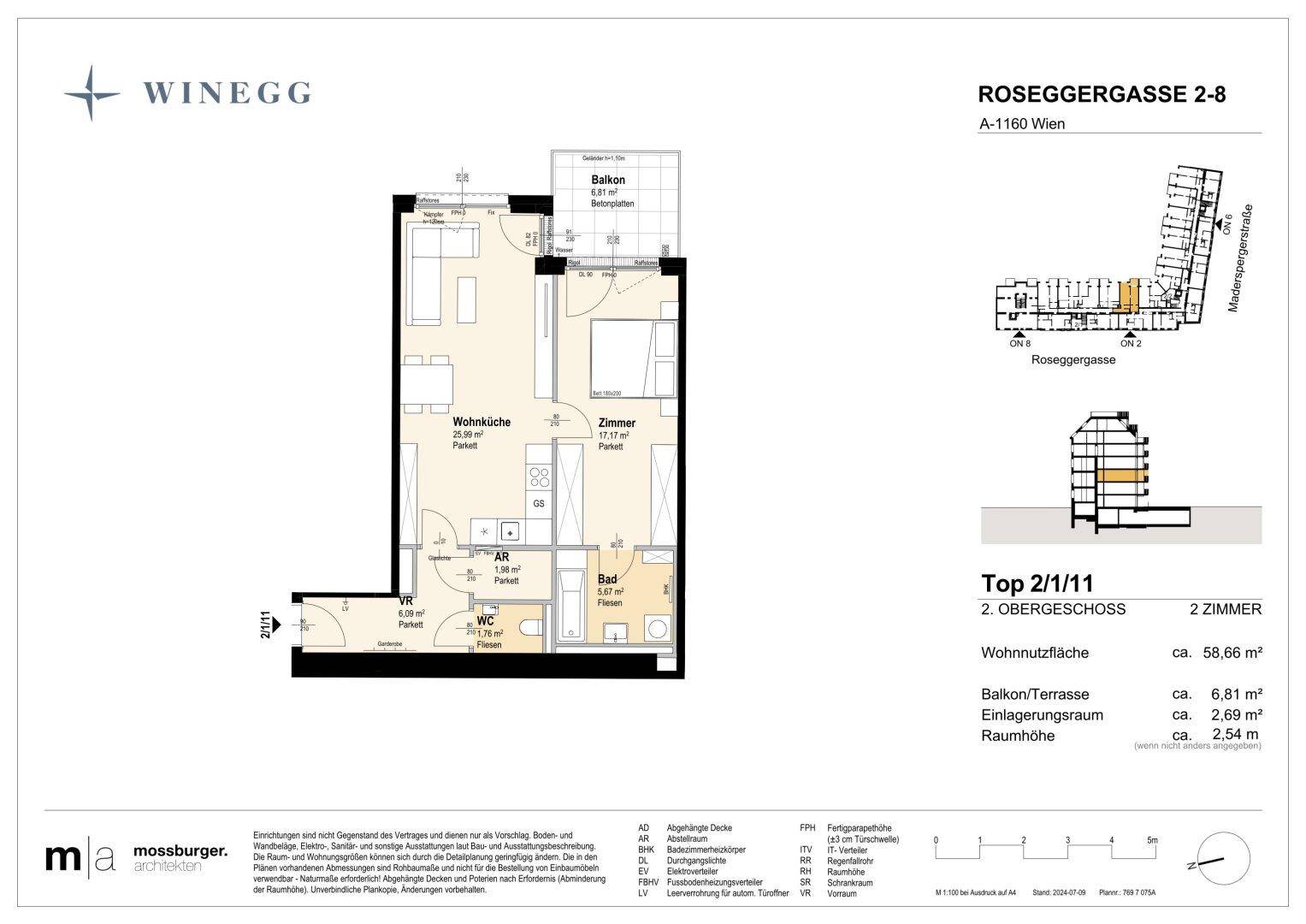 Grundriss einer 2-Zimmer-Wohnung mit offener Wohnküche, Schlafzimmer, Bad, separatem WC und Balkon.