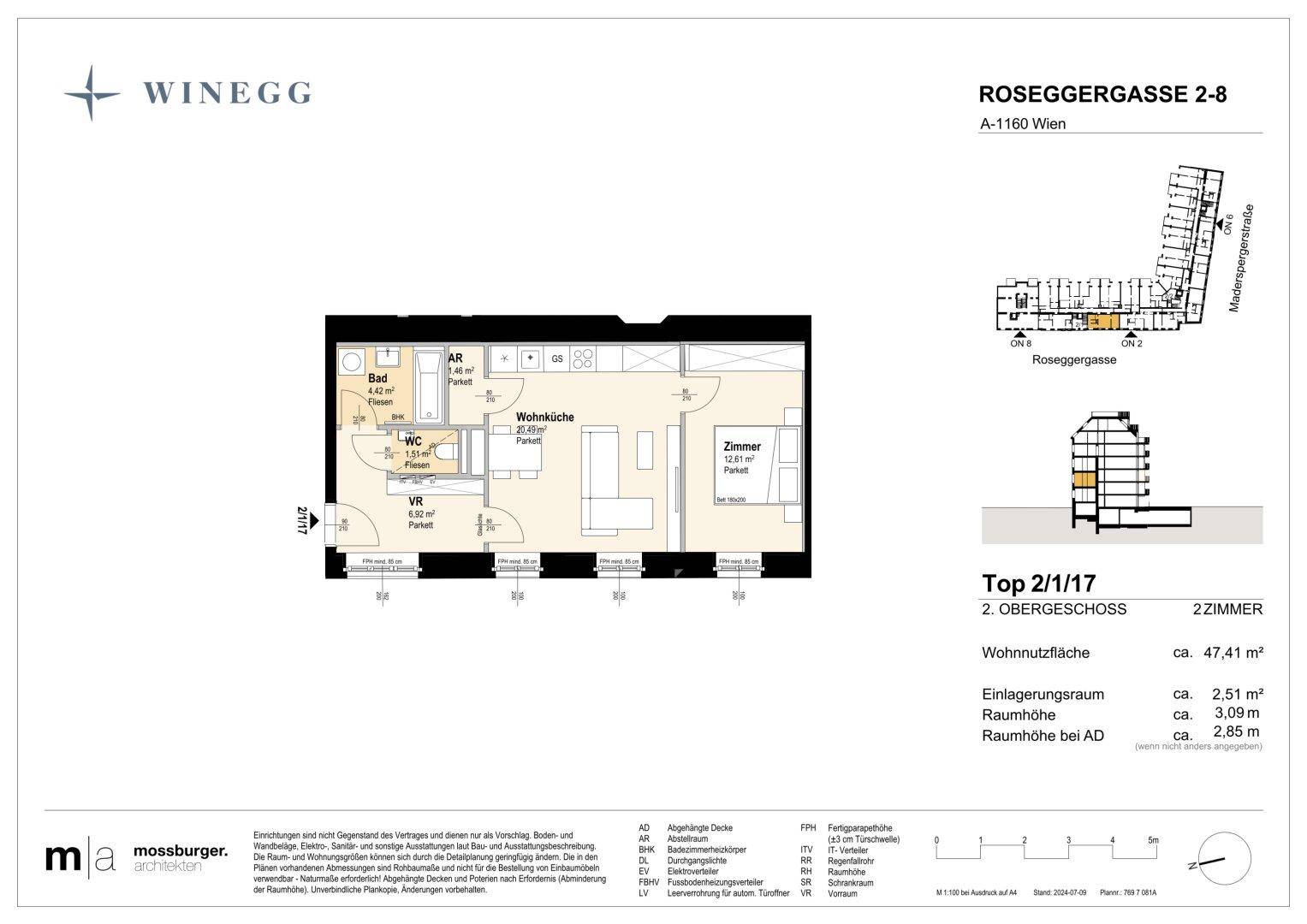 Grundriss einer modernen 2-Zimmer-Wohnung mit offener Wohnküche, separatem Schlafzimmer, Bad mit Wanne und Dusche sowie Gäste-WC.