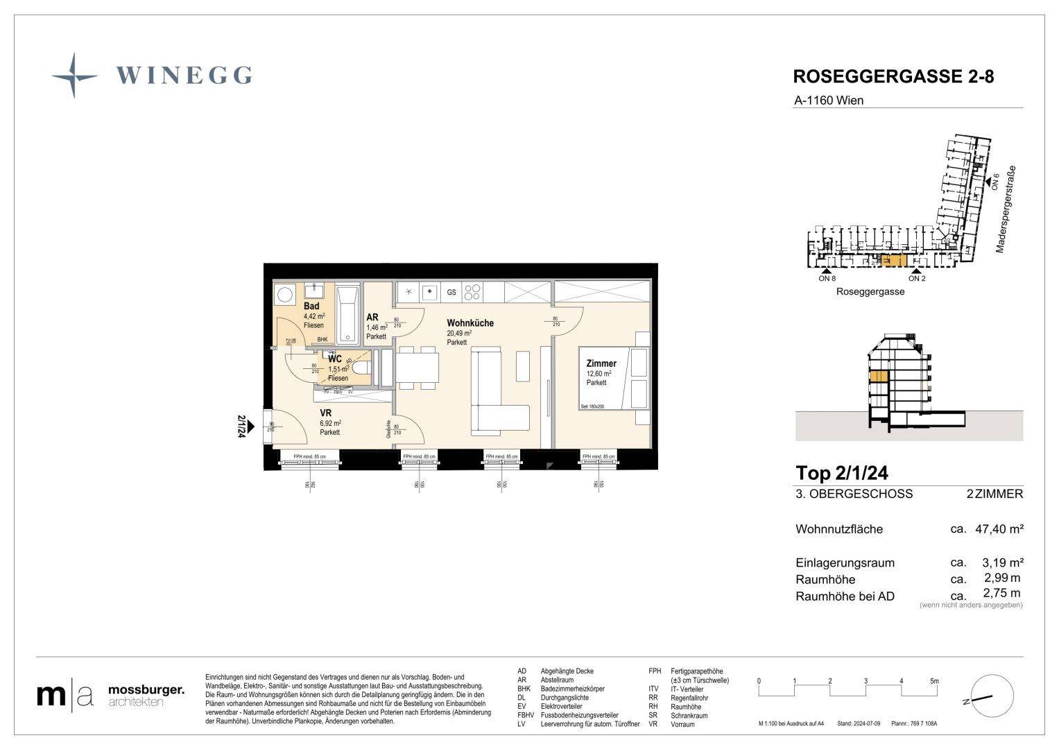 Grundriss einer 2-Zimmer-Wohnung mit offenem Wohn-Essbereich, separatem Schlafzimmer und Badezimmer.