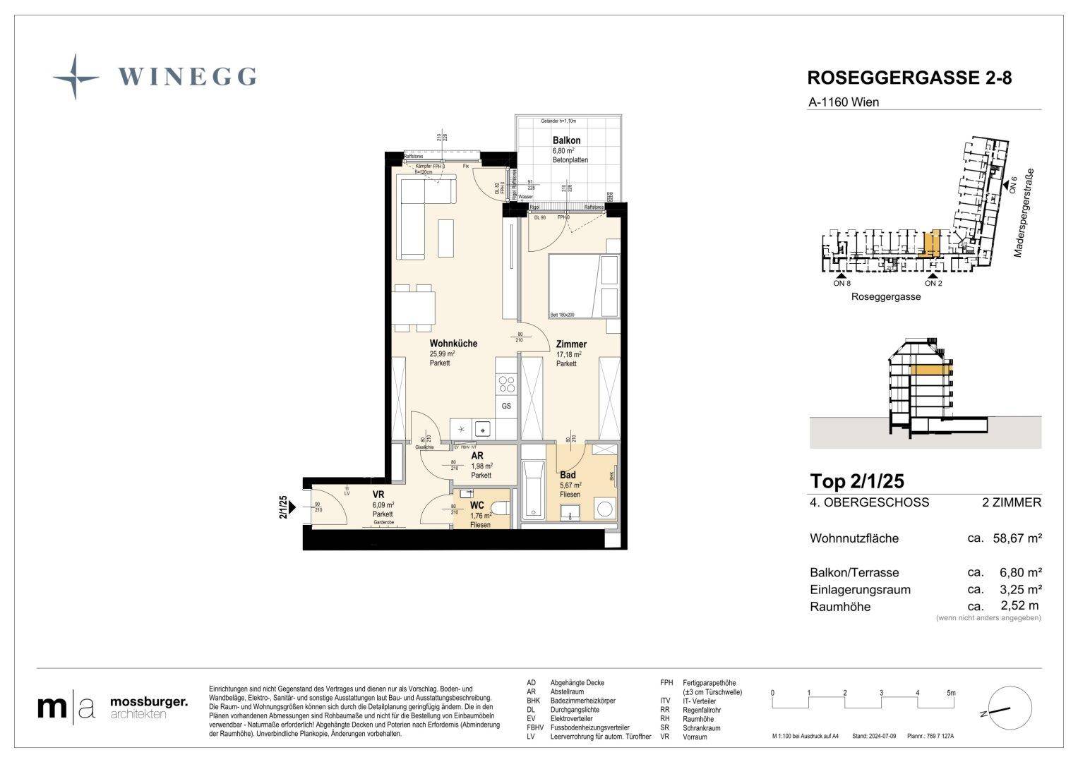 Grundriss einer Zweizimmerwohnung im Obergeschoss mit Balkon und separatem WC.