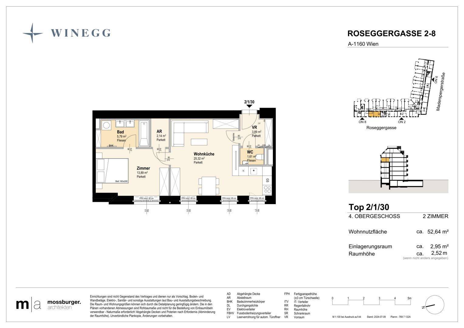 Grundriss einer modernen Wohnung mit offenem Wohn- und Küchenbereich, einem Schlafzimmer, Bad und separatem WC sowie einem Balkon.