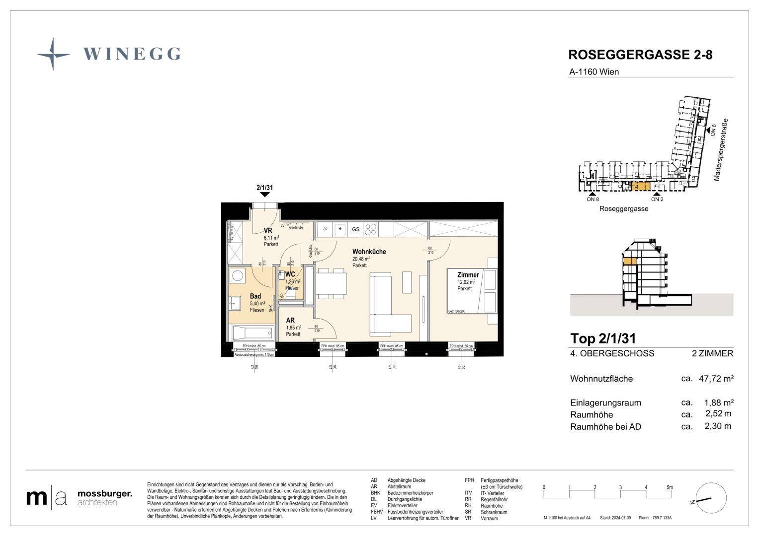 Detaillierter Grundriss einer modernen 2-Zimmer-Wohnung mit offener Wohnküche, separatem Schlafzimmer, Bad und Abstellraum.