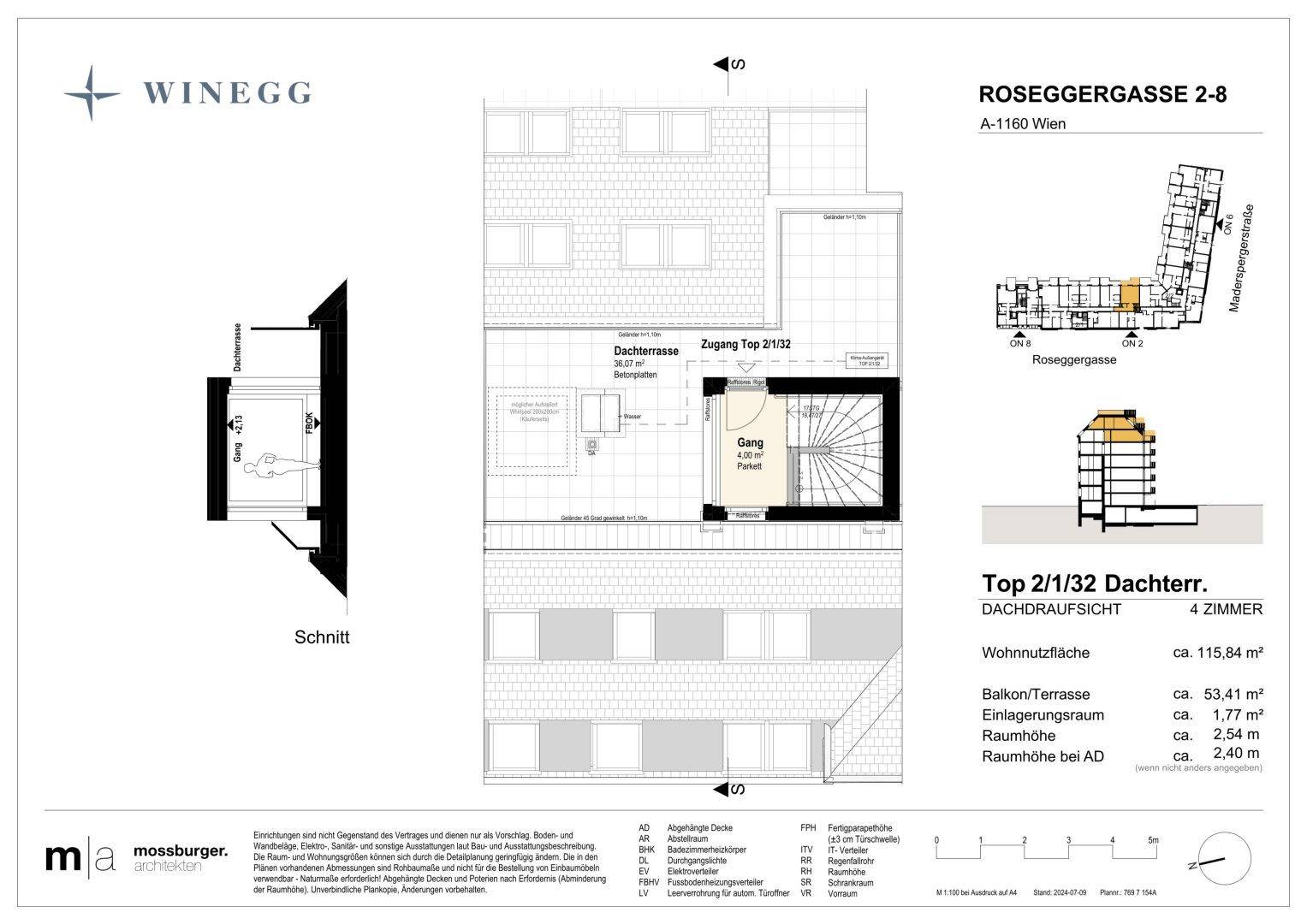 Dachaufsicht mit großer Dachterrasse und Zugang zum oberen Geschoss der Maisonette-Wohnung.