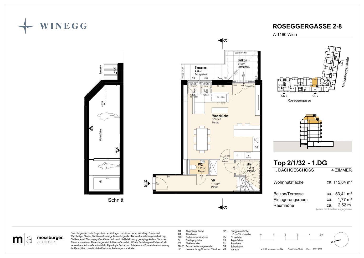 Grundriss des ersten Dachgeschosses mit offener Wohnküche, Essbereich, WC, Terrasse und Balkon.