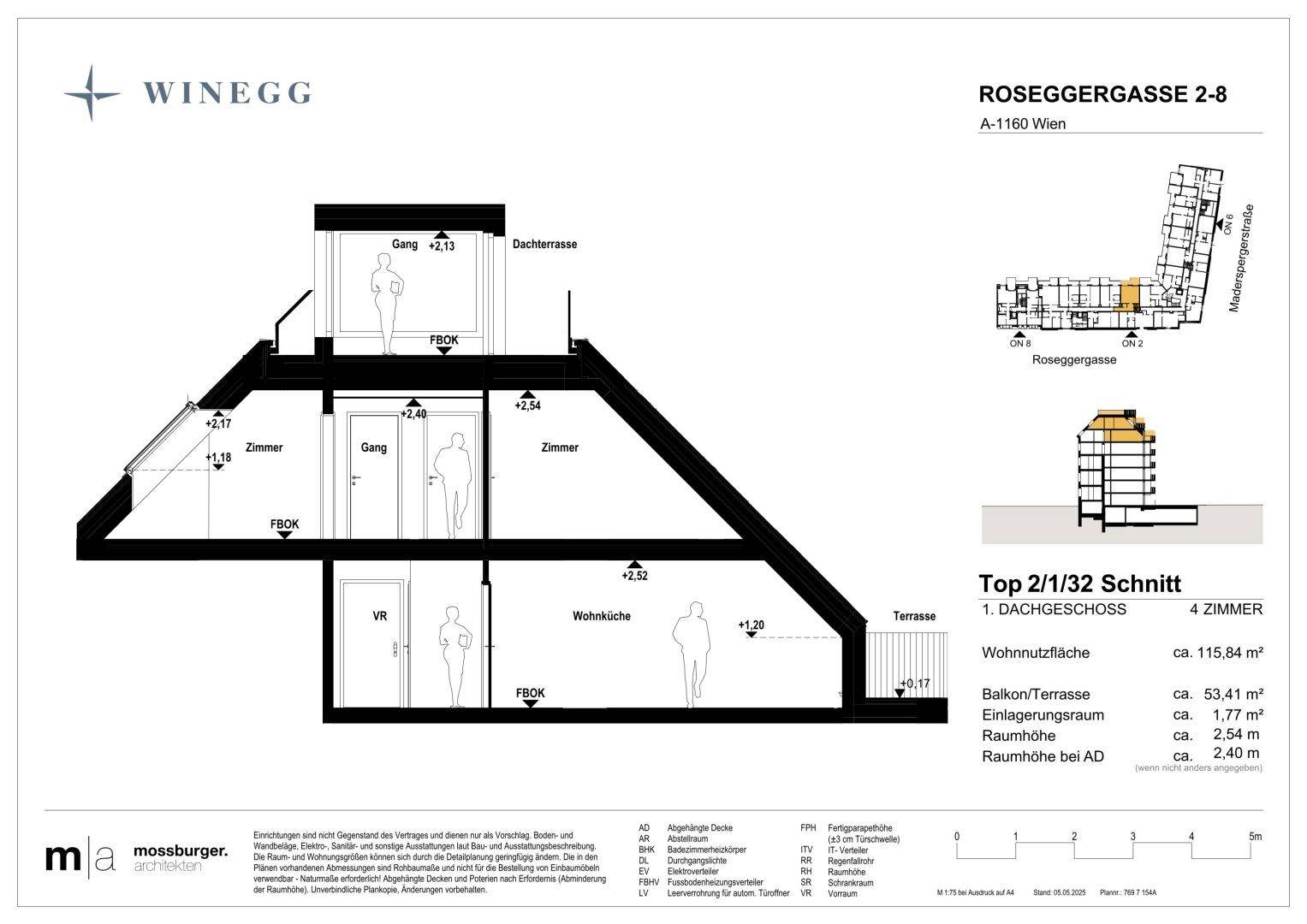 Schnittansicht der Maisonette-Wohnung mit Wohnküche, Zimmern, Terrasse und Dachterrasse über zwei Ebenen.