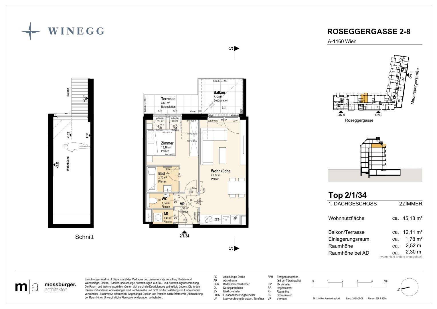Grundriss einer Dachgeschosswohnung mit offener Wohnküche, Schlafzimmer, Bad, WC, Abstellraum, Balkon und Terrasse.