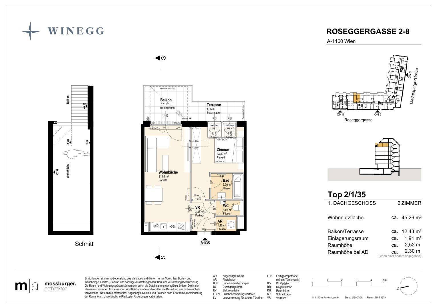 Grundriss einer 2-Zimmer-Wohnung mit offener Wohnküche, Schlafzimmer, Bad und separatem WC. Die Wohnung verfügt über einen Balkon und eine Terrasse.