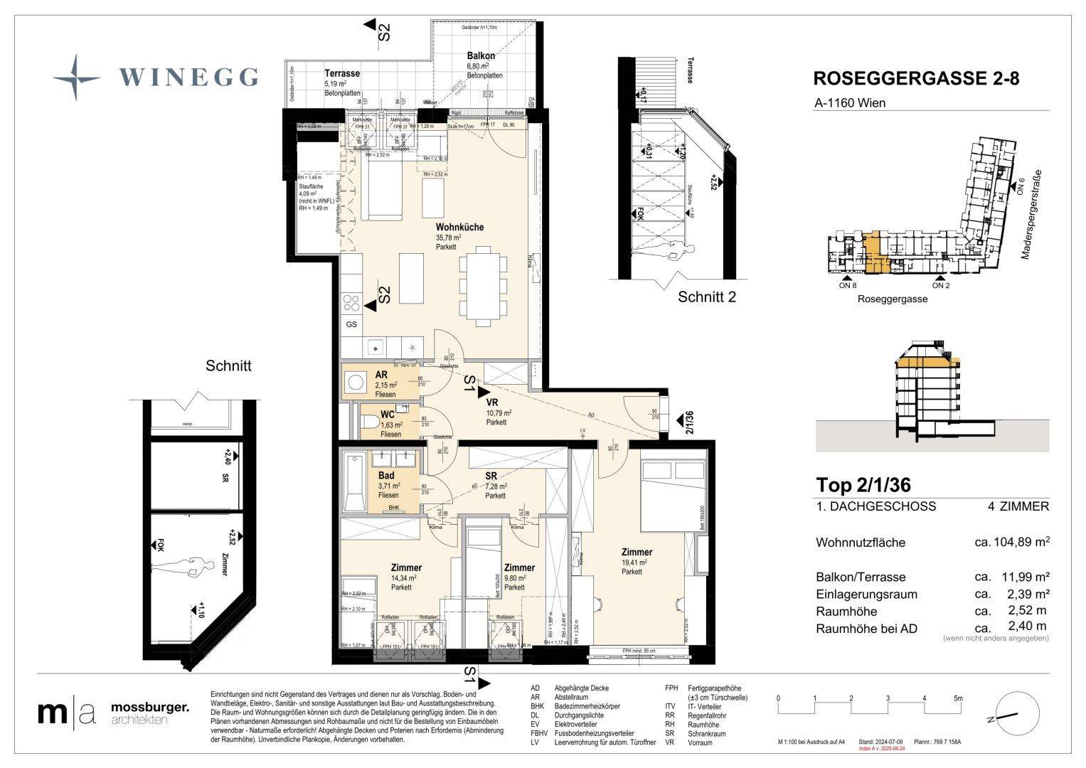 Detaillierter Grundriss einer modernen Dachgeschosswohnung mit offener Wohnküche, drei Zimmern, Bad, separatem WC, Terrasse und Balkon.