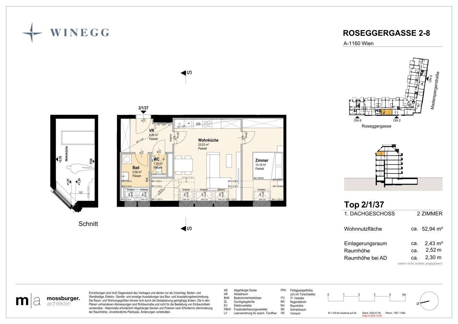 Grundriss einer 2-Zimmer-Wohnung im Dachgeschoss mit offener Wohnküche, Bad, separatem WC und Balkon.