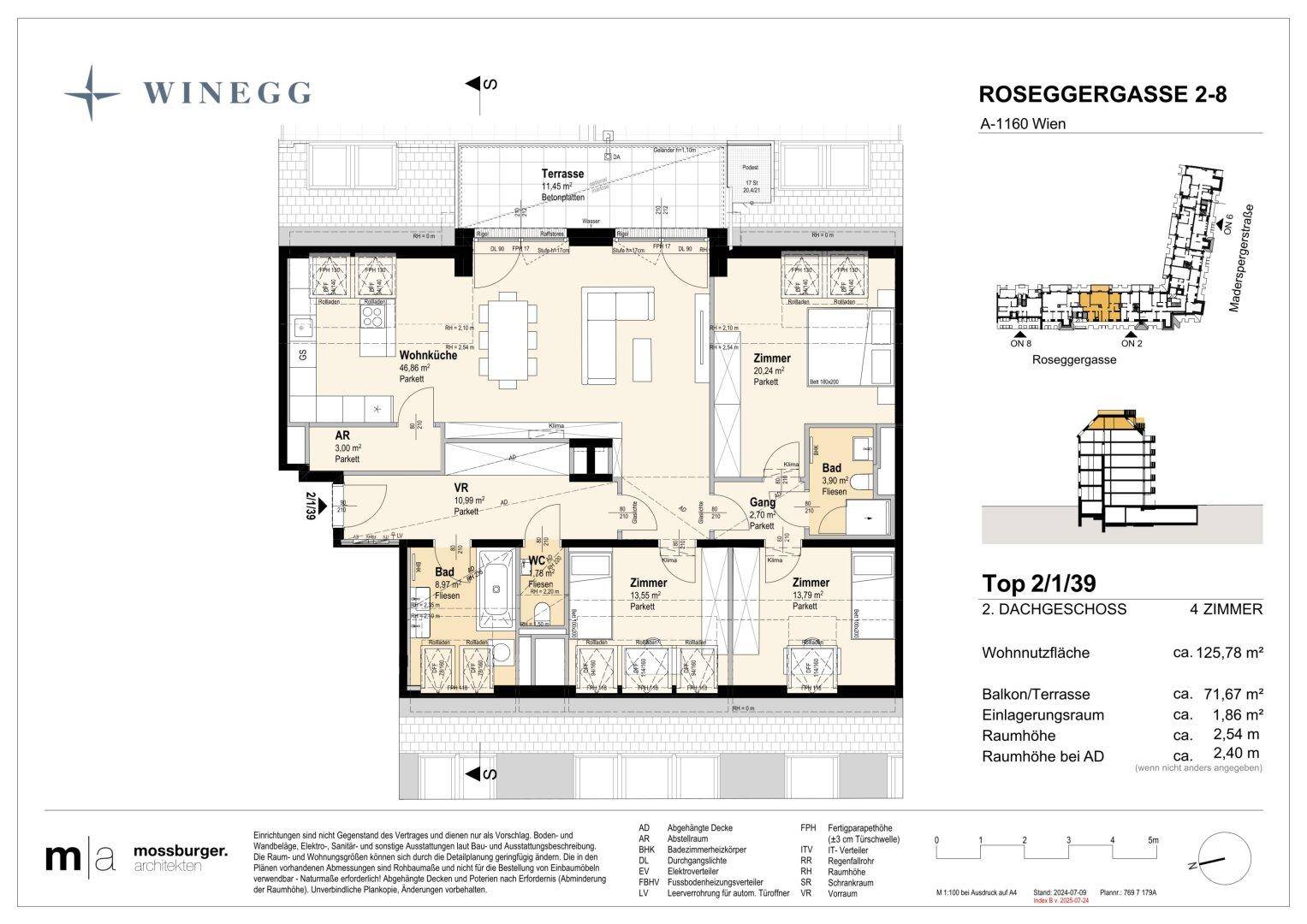 Grundriss der Wohnung im 2. Dachgeschoss mit offener Wohnküche, drei Schlafzimmern und einer Terrasse.