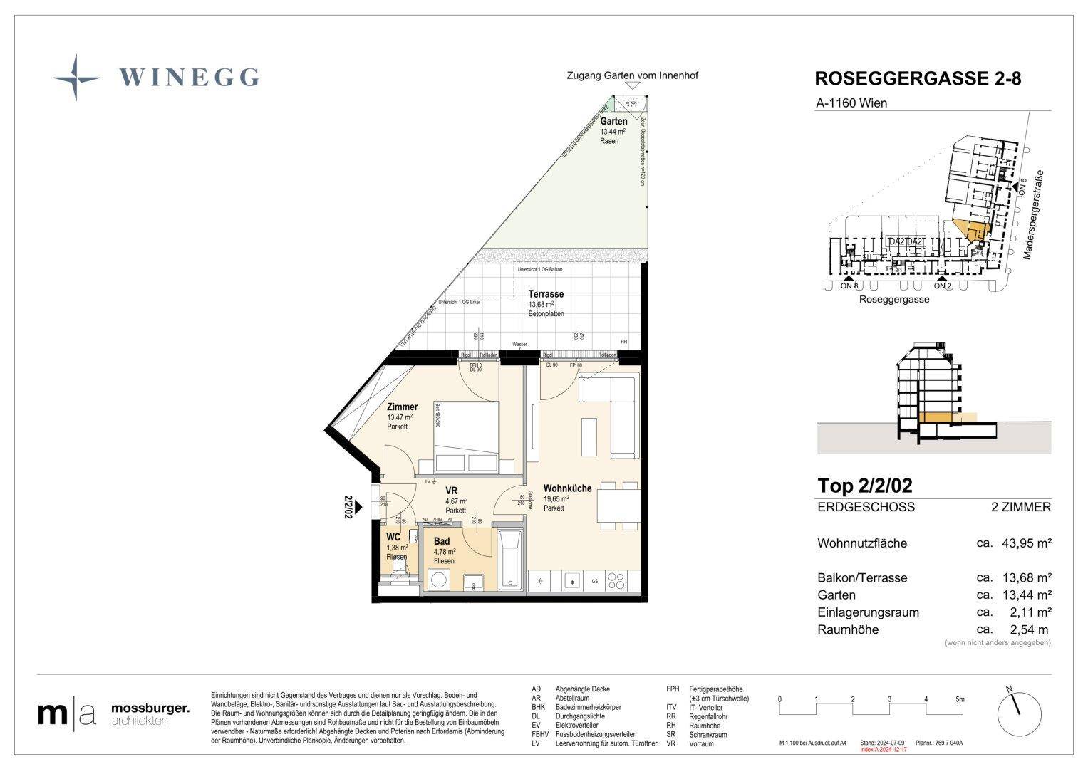 Grundriss einer 2-Zimmer-Wohnung im Erdgeschoss mit Terrasse und Garten.