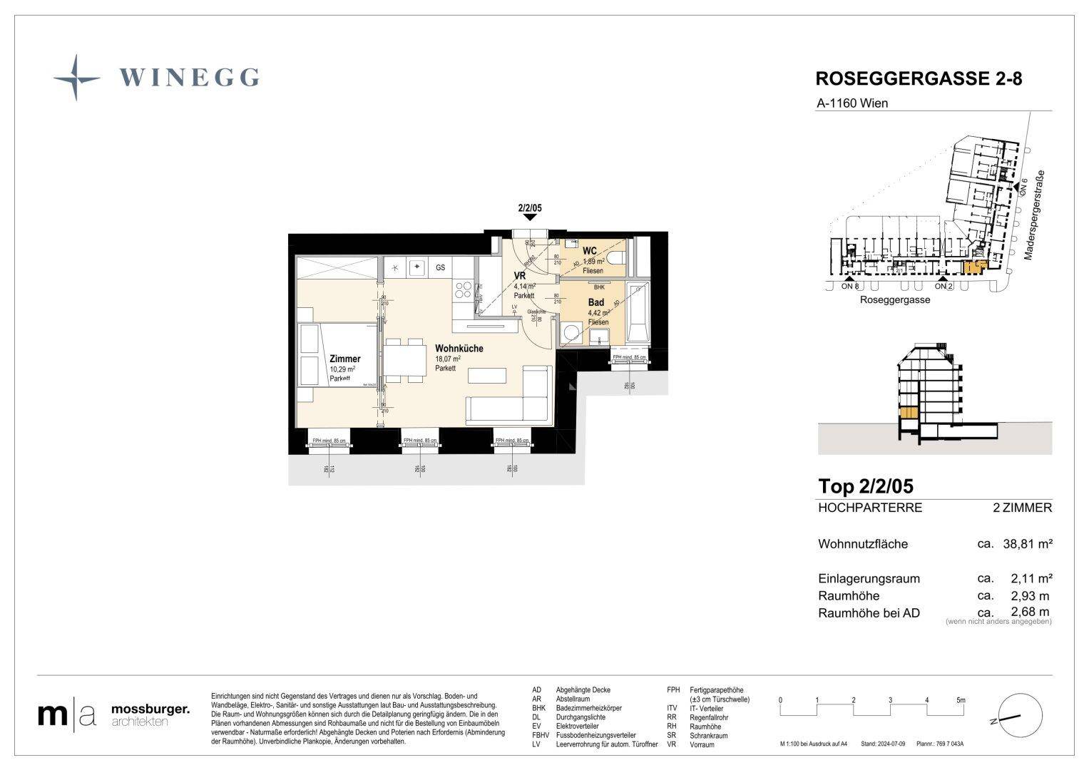 Detaillierter Grundriss einer 2-Zimmer-Wohnung mit offener Wohnküche, Schlafzimmer, Bad und separatem WC.