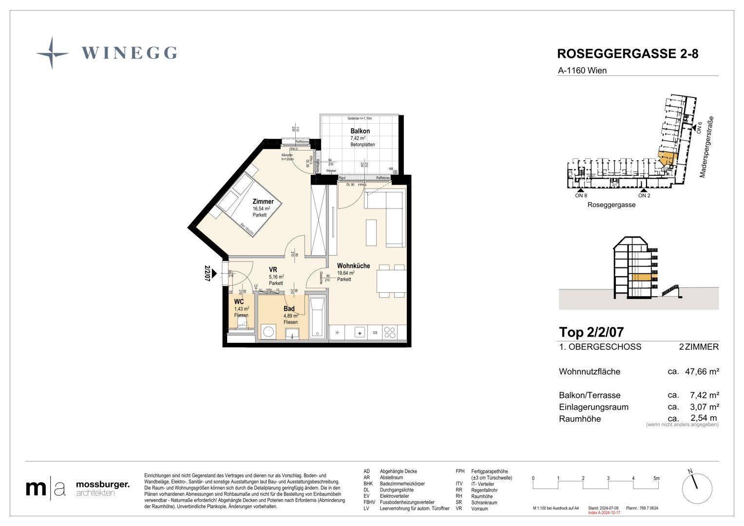 Grundriss einer Zweizimmerwohnung im ersten Obergeschoss mit Balkon und separatem WC.