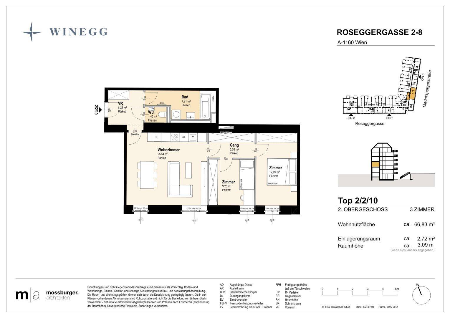 Detaillierter Grundriss einer 3-Zimmer-Wohnung im zweiten Obergeschoss mit offener Küche und separatem WC.