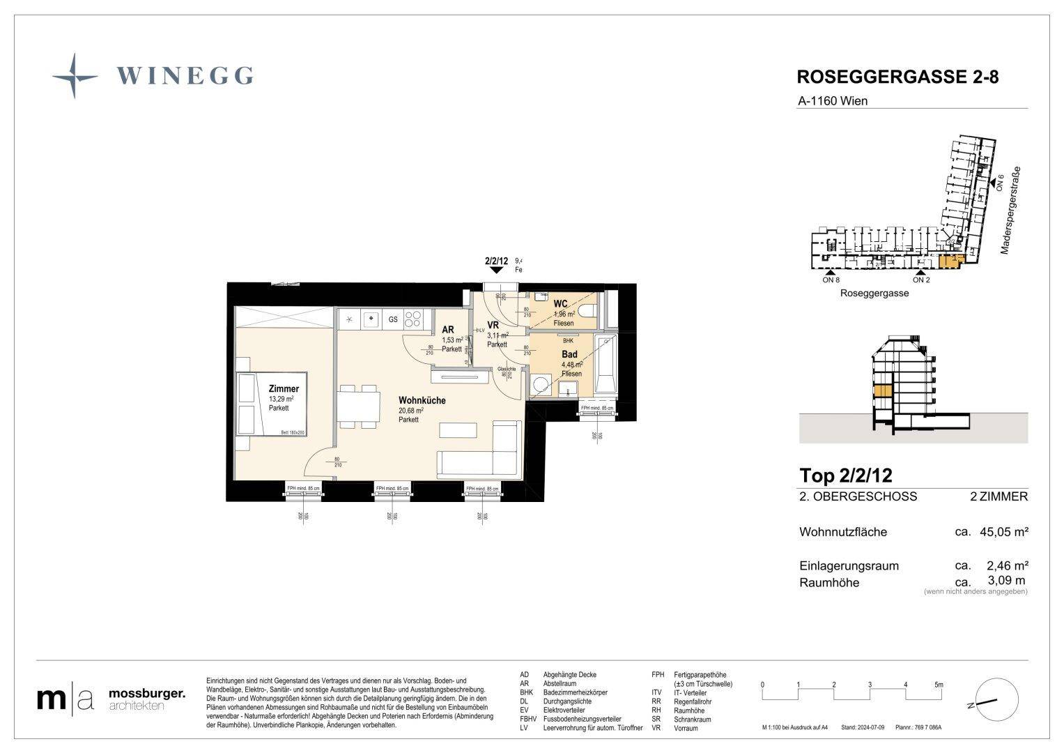 Grundriss einer 2-Zimmer-Wohnung mit offener Wohnküche, Schlafzimmer, Bad und separatem WC.