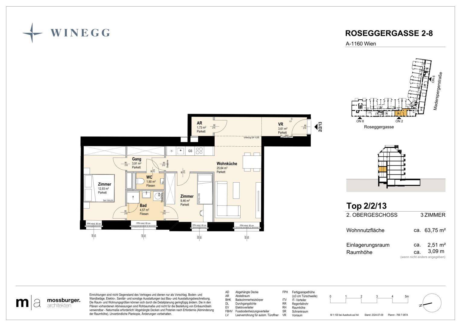 Grundriss einer 3-Zimmer-Wohnung im 2. Obergeschoss mit Balkon und separatem WC.