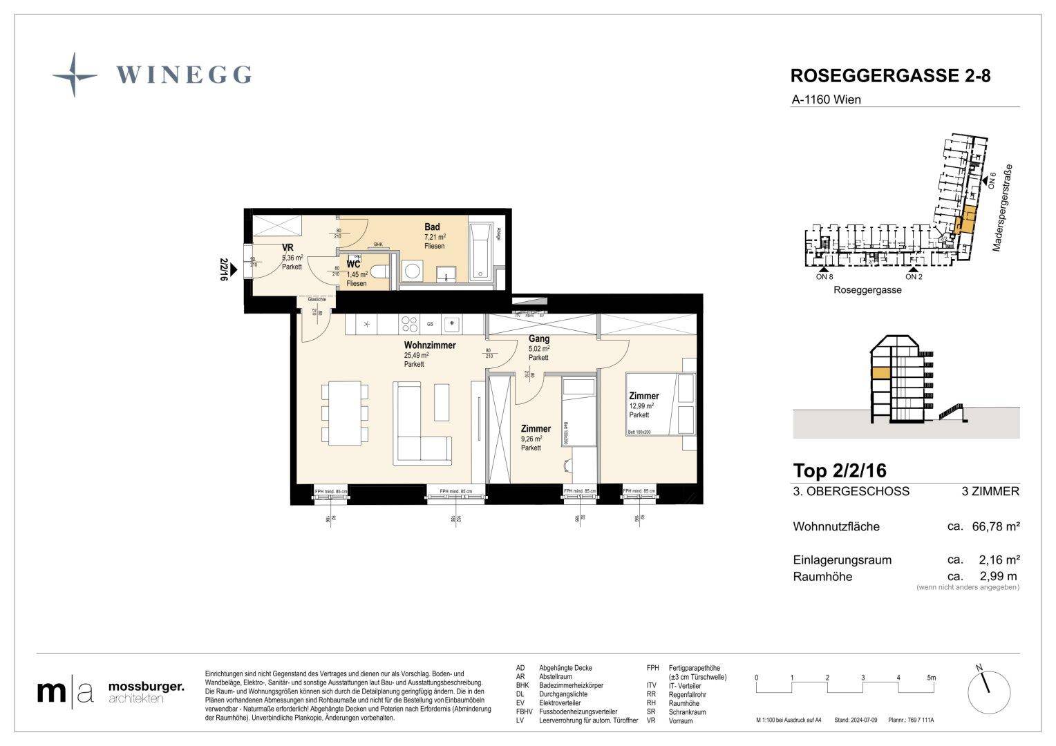 Detaillierter Grundriss einer 3-Zimmer-Wohnung im 3. Obergeschoss mit offenem Wohnbereich und separatem Gäste-WC.