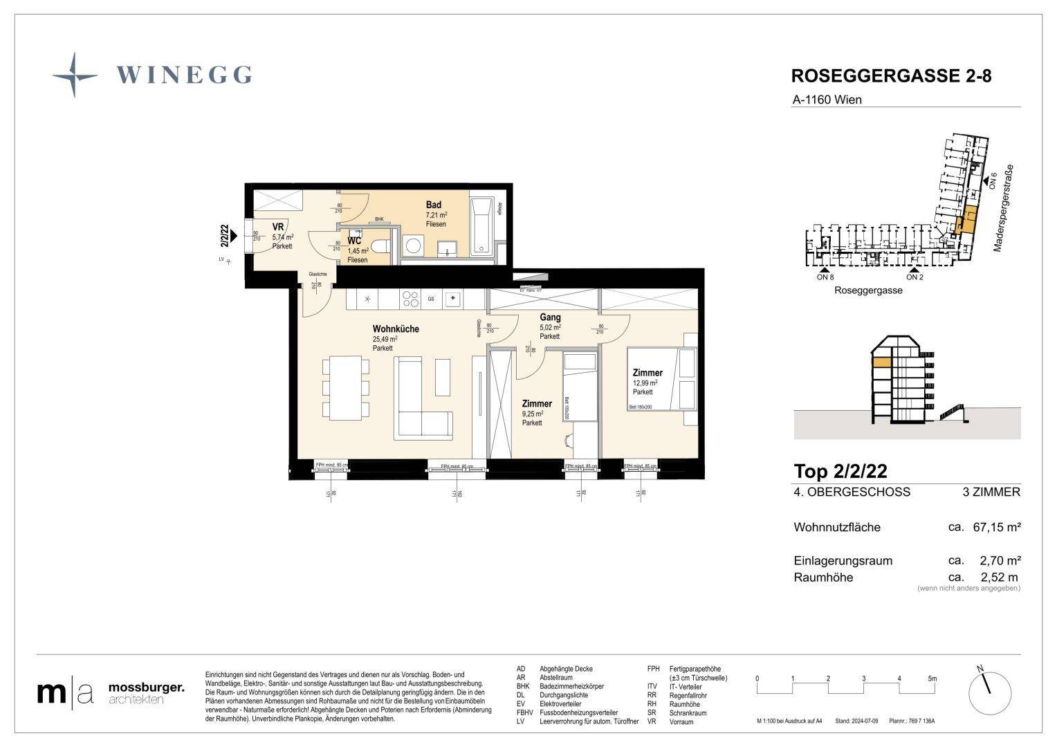 Grundriss einer modernen Wohnung mit offener Wohnküche, zwei Schlafzimmern, Bad und separatem WC.