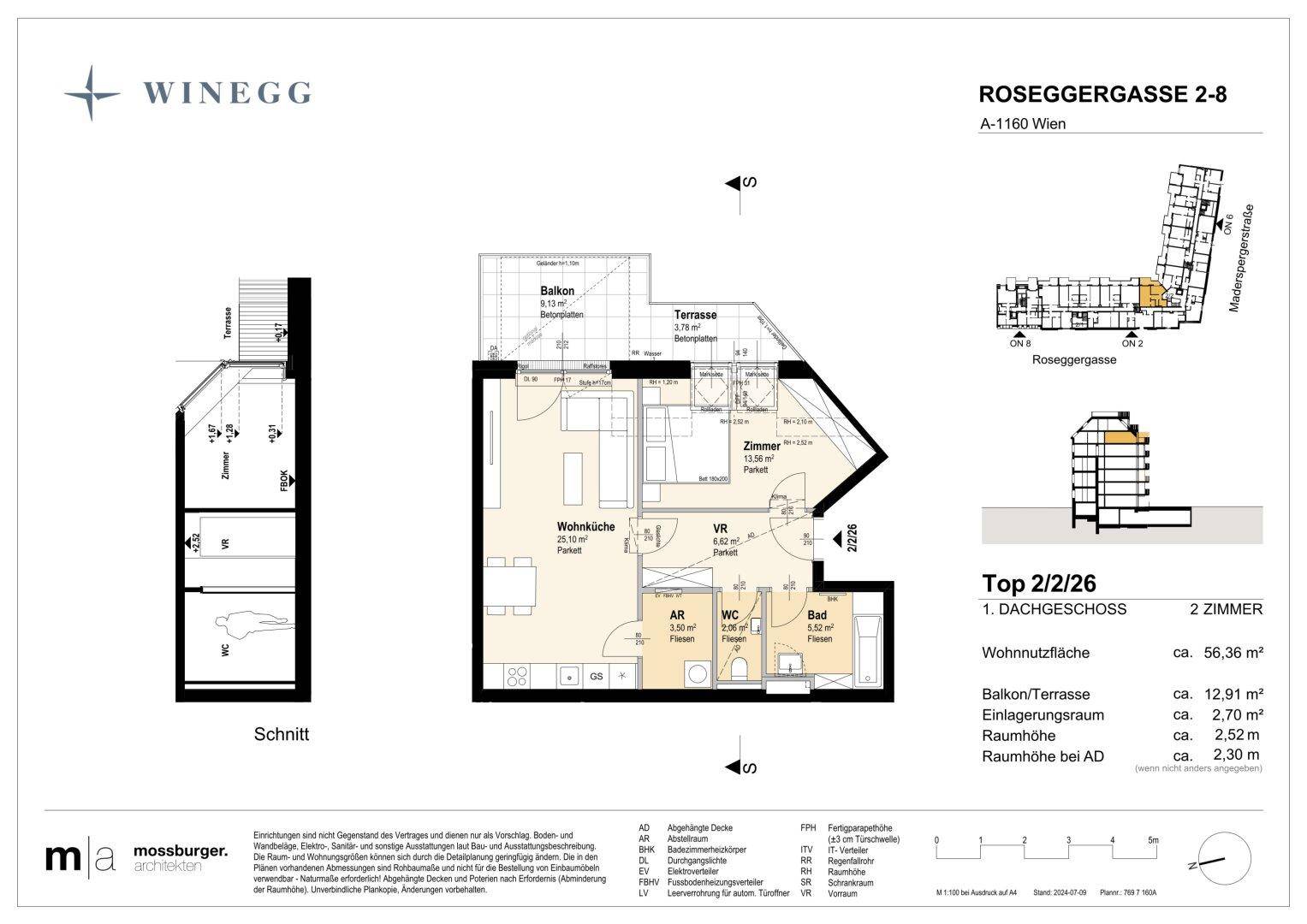 Grundriss einer 2-Zimmer-Dachgeschosswohnung mit offener Wohnküche, separatem Bad und WC, sowie Balkon und Terrasse.