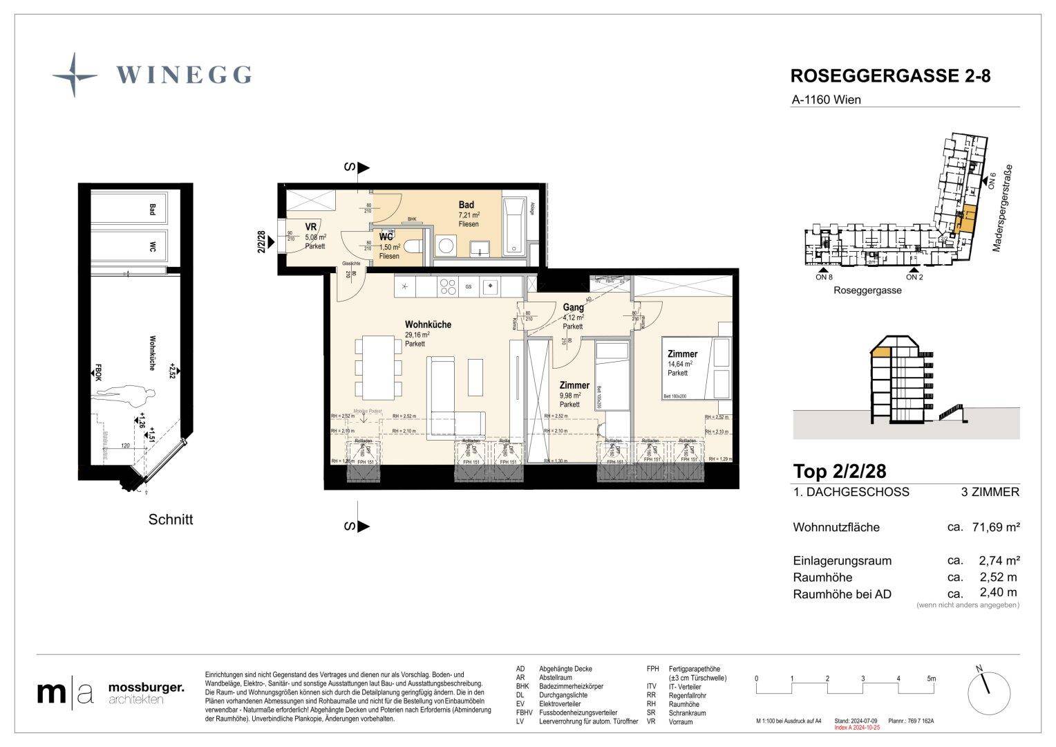 Grundriss einer 3-Zimmer-Wohnung mit offener Wohnküche, zwei Schlafzimmern, Bad und separatem WC. Die Wohnung verfügt über einen Balkon und Dachschrägen.