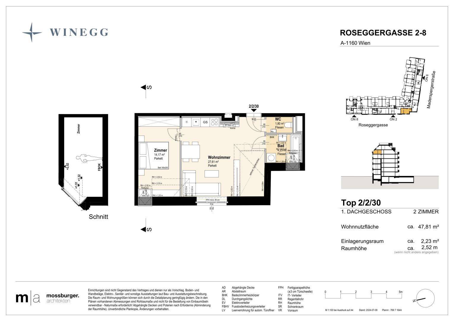 Grundriss einer Dachgeschosswohnung mit offenem Wohnbereich, Schlafzimmer, Bad und separatem WC.