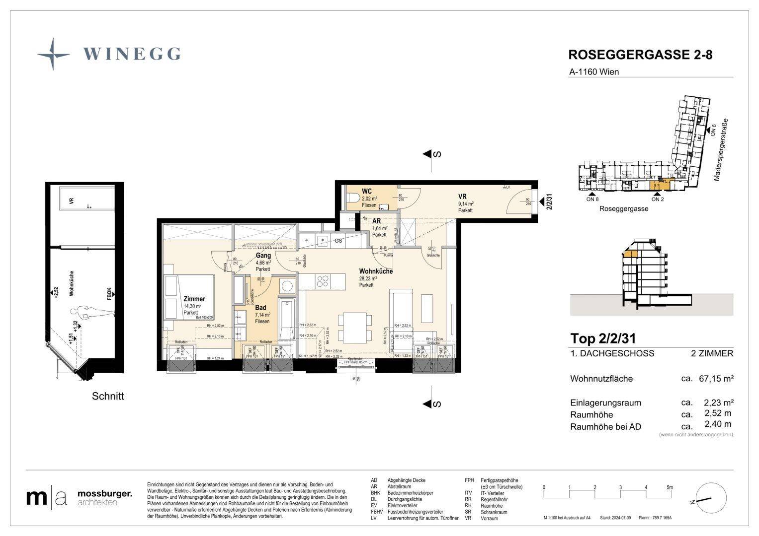 Grundriss einer 2-Zimmer-Wohnung im Dachgeschoss mit offener Wohnküche, Bad, separatem WC und Loggia.