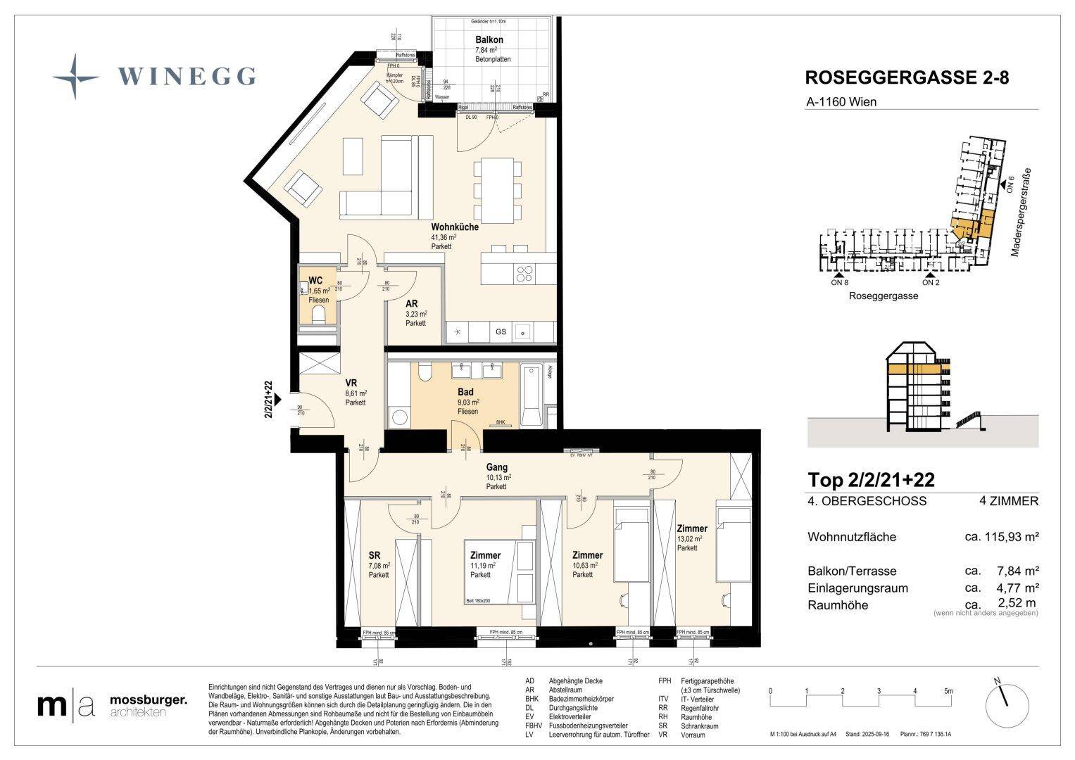 Detaillierter Grundriss einer modernen 4-Zimmer-Wohnung mit offener Wohnküche, drei Schlafzimmern, Bad, separatem WC und Balkon.