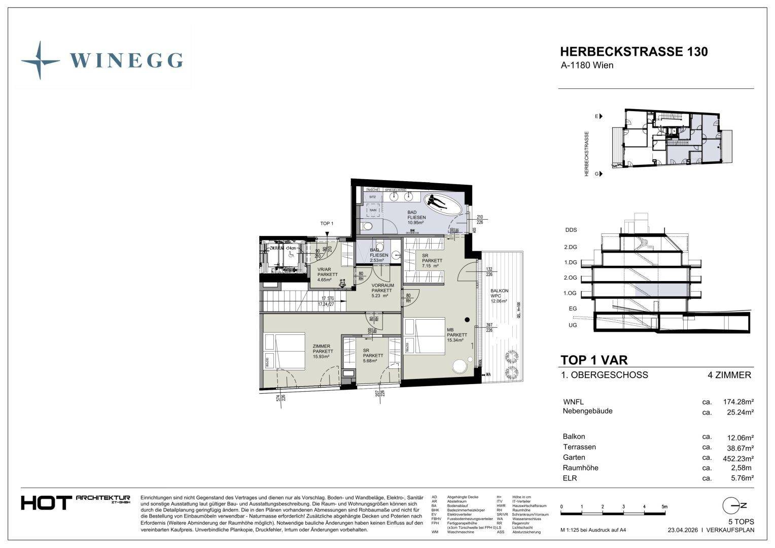 Grundriss des Obergeschosses mit Schlafzimmern, Bädern und Balkonzugang für mehrere Räume.