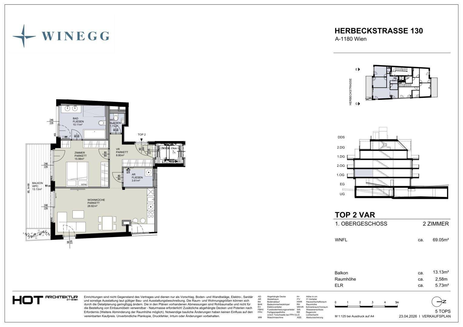 Alternativer Grundriss der Wohnung Top 2 im ersten Obergeschoss mit zwei Zimmern und Balkon.