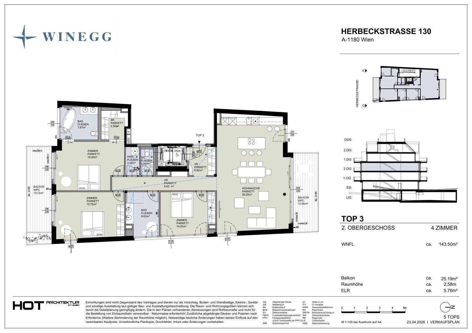 Detaillierter Grundriss einer 4-Zimmer-Wohnung im zweiten Obergeschoss mit Balkonen.