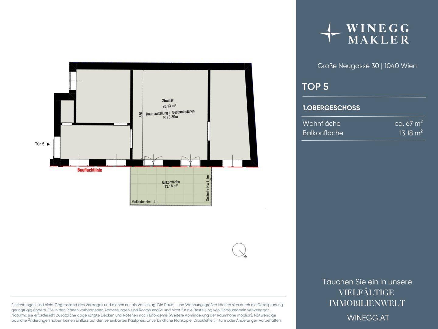 Grundriss des 1. Obergeschosses mit einer Wohnfläche von ca. 67 m² und Balkon.
