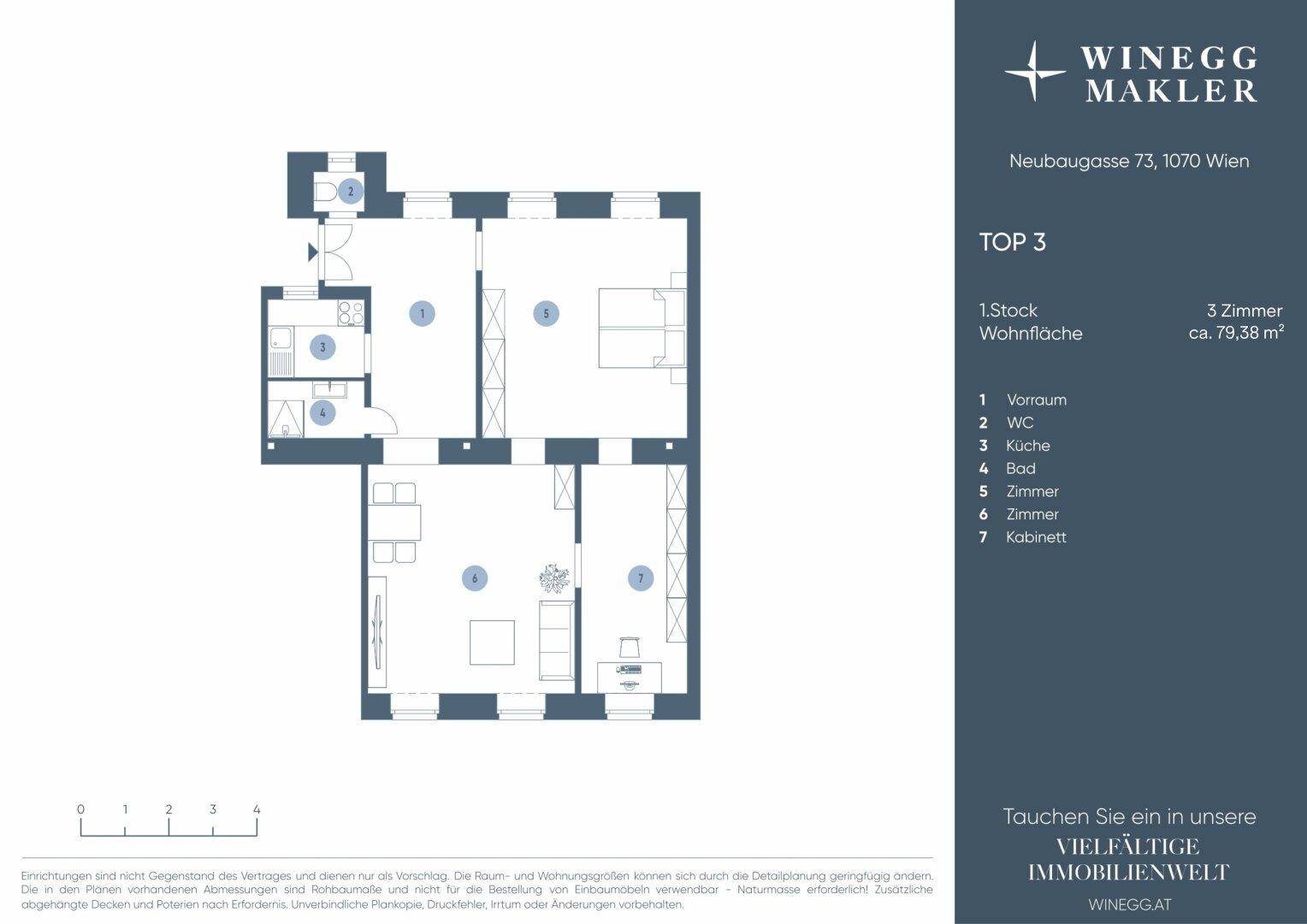 Grundriss der Wohnung Top 3 im 1. Stock mit drei Zimmern und einer Wohnfläche von 79,38 m².