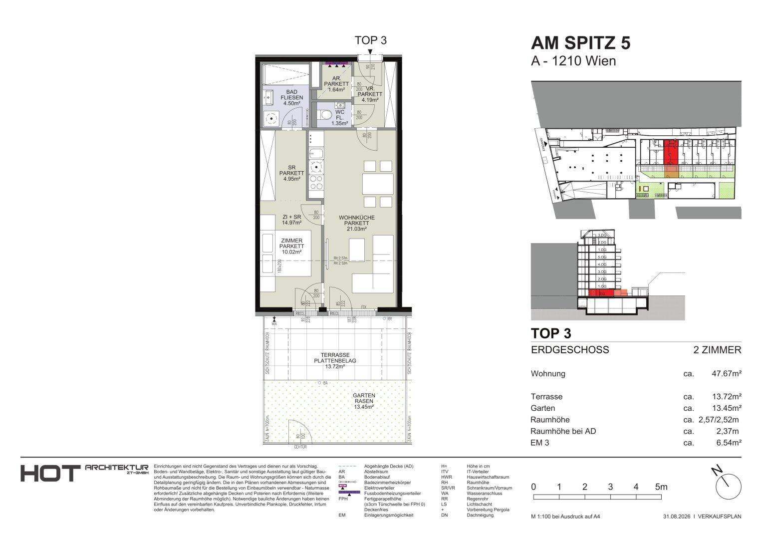 Grundriss der Wohnung TOP 3 im Erdgeschoss mit Terrasse und eigenem Gartenbereich.