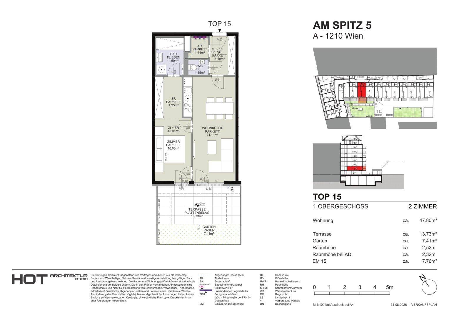 Grundriss der Wohnung TOP 15 mit Wohnküche, Zimmer und großer Terrasse.