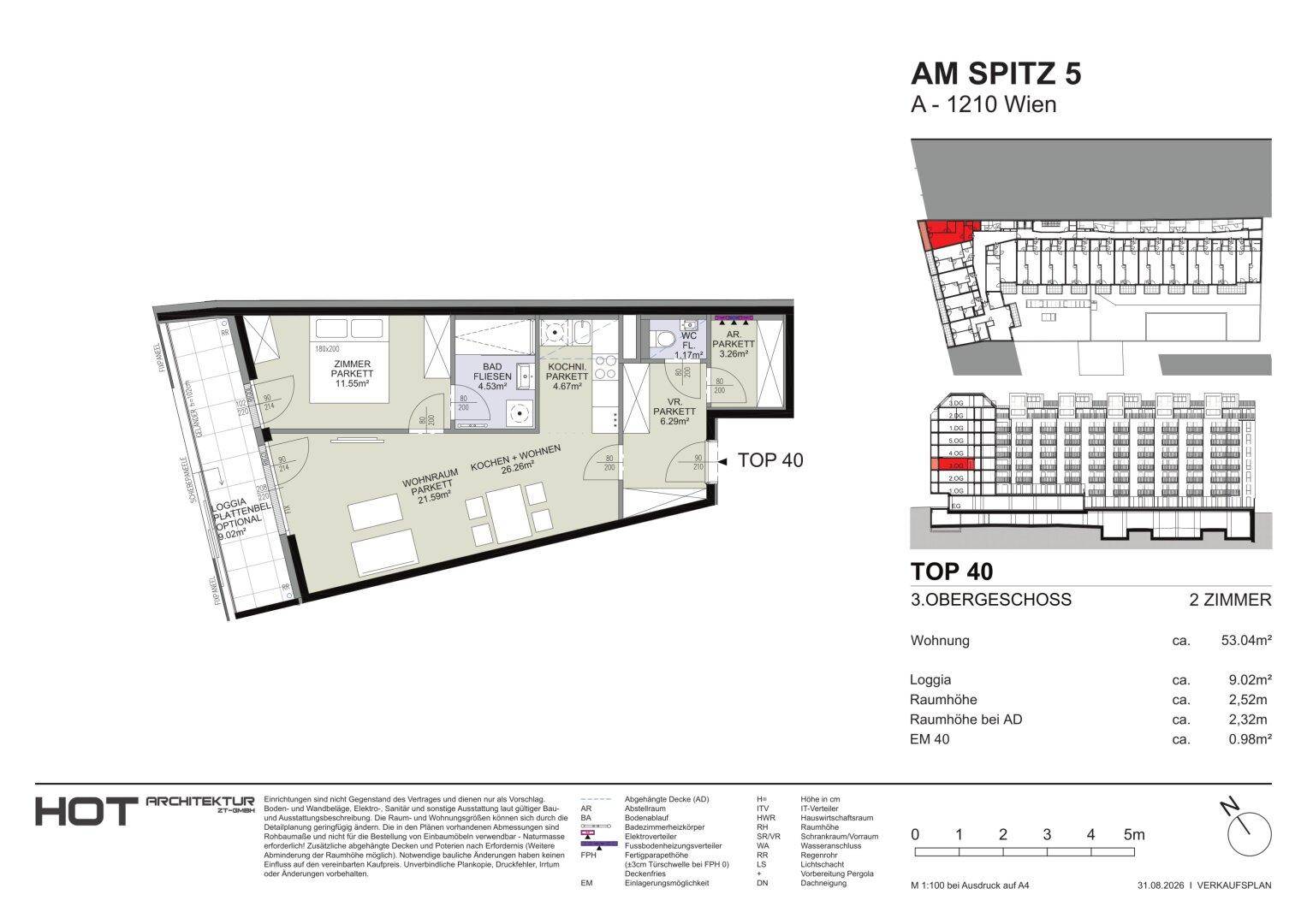 Grundriss der Wohnung Top 40 im 3. Obergeschoss mit Loggia und zwei Zimmern.