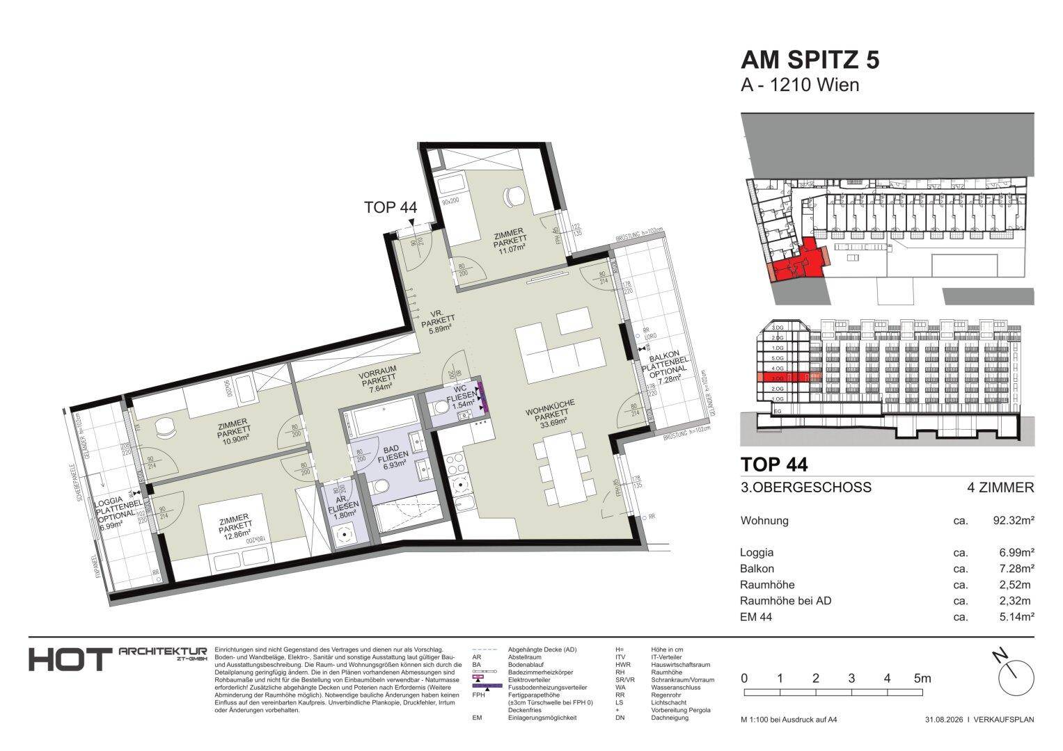 Detaillierter Grundriss der Wohnung TOP 44 mit Loggia und Balkon im 3. Obergeschoss.