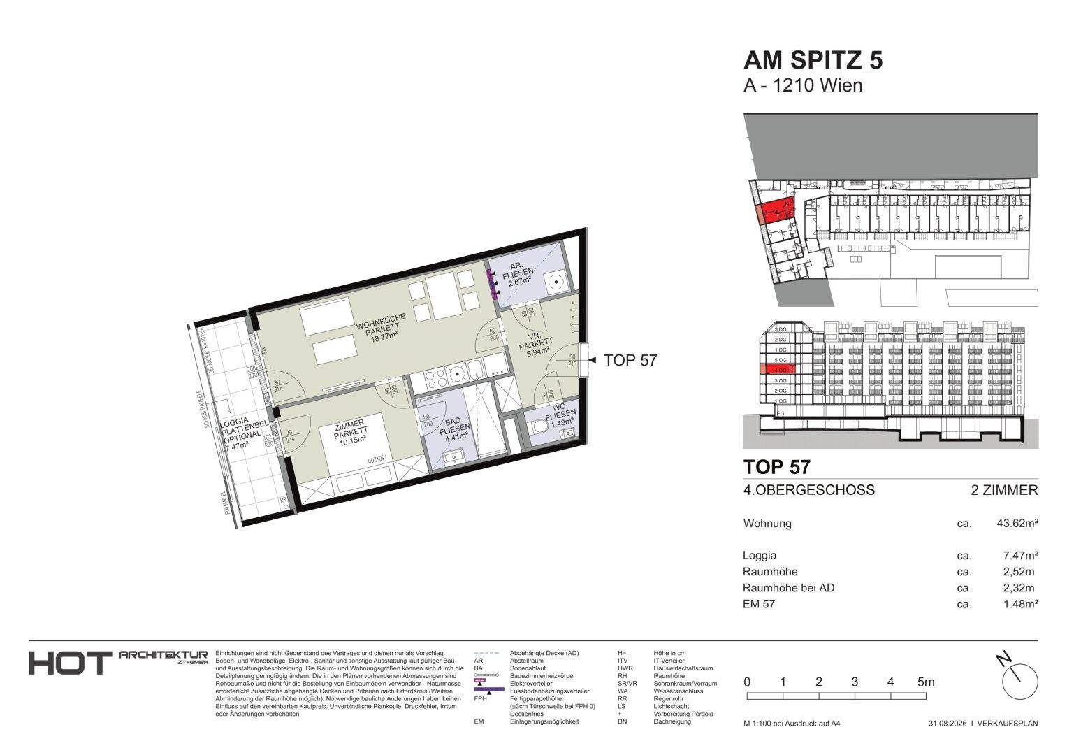 Grundriss der Wohnung TOP 57 im 4. Obergeschoss mit Loggia und zwei Zimmern.